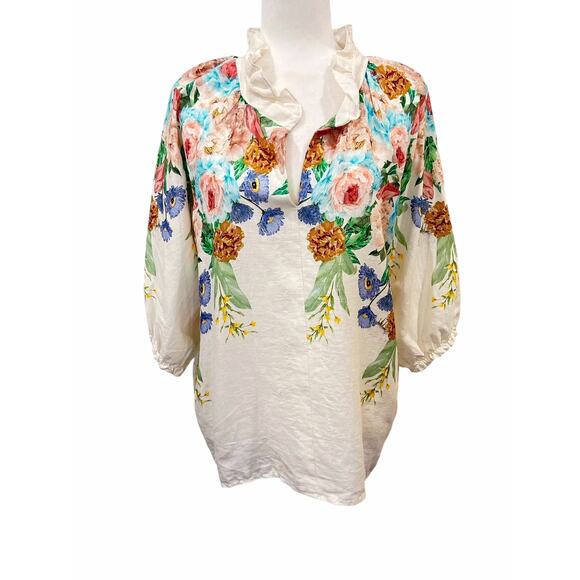 Kaktus Tops - Kaktus Italy 100% Linen Floral Notched V Ruffle Neck Tunic Top Womens Large